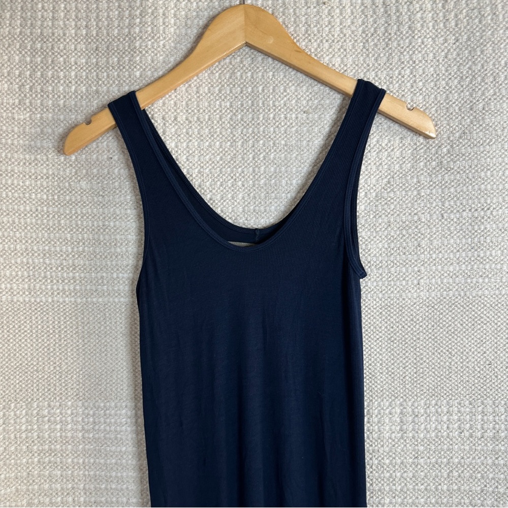 ENZA COSTA navy blue ribbed scoop neck sleeveless stretch silk midi dress M - Picture 2 of 6